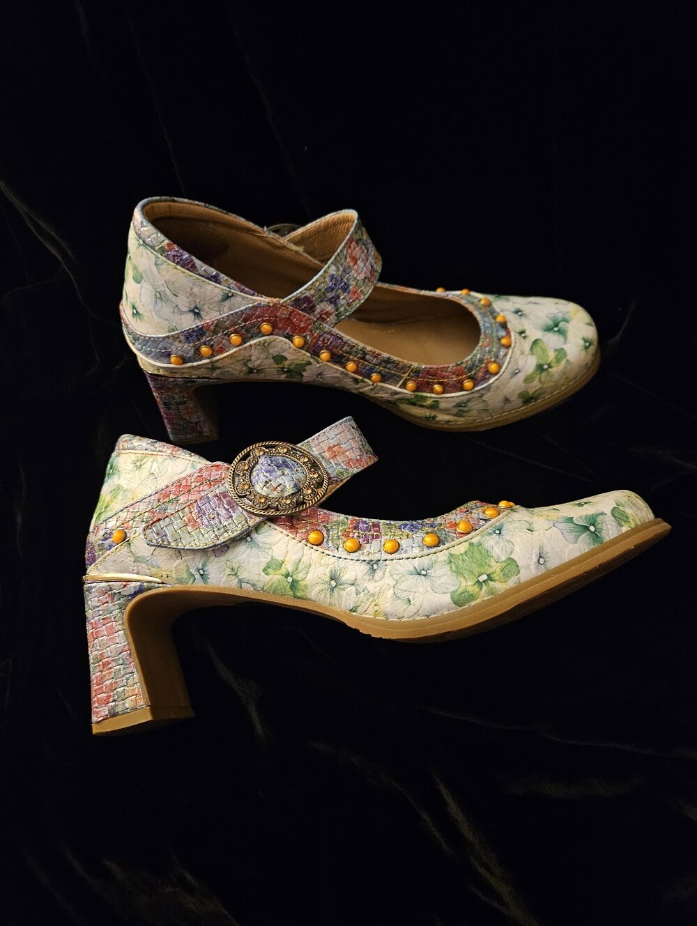 SPRING STEP L'ARTISTE Floral Mary Jane Block Heel Shoes with Embellished Strap - Picture 2 of 4